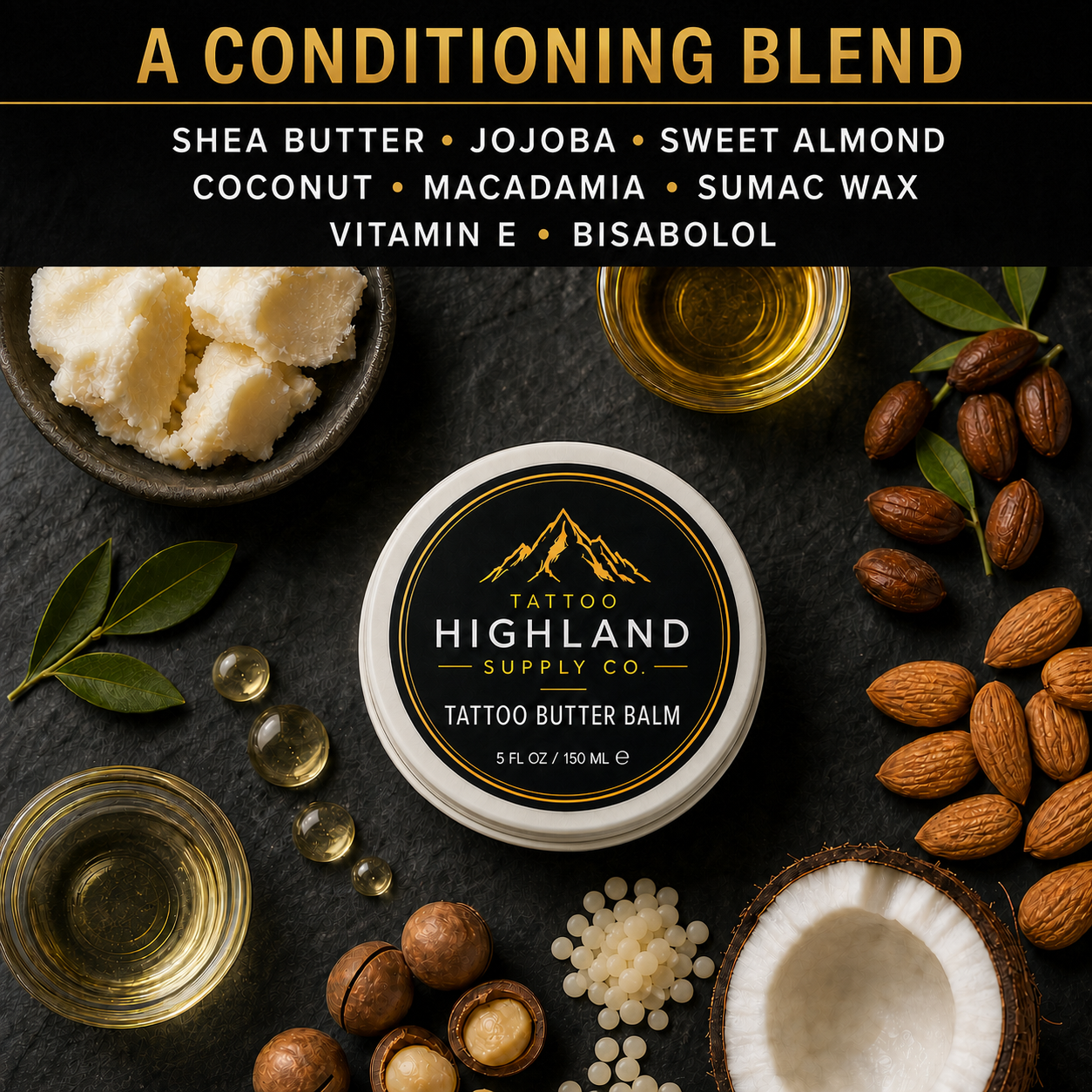 Highland Tattoo Butter Balm with a selection of its conditioning ingredients